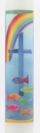Taufkerze - Regenbogen, Kreuz & Fische