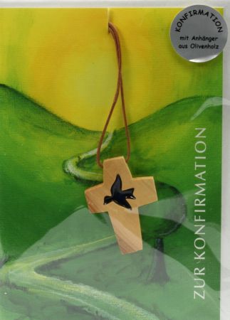 Karte zur Konfirmation - Glas-Taube & Kreuz-Anh&auml;nger