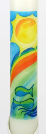 Taufkerze - Sonne, Regenbogen & Fisch
