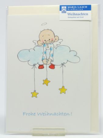 Weihnachtskarte - Frohe Weihnachten & Engel auf Wolke