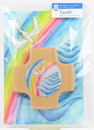 Taufkarte - Regenbogen, Taube u. Wasser & Holzkreuz